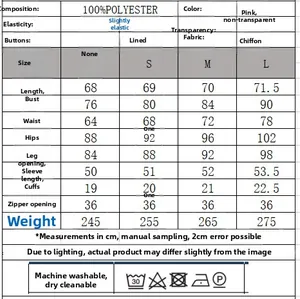 Size chart with measurements and material details for pink strapless chiffon dress