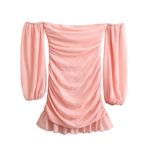 Women Off Shoulder Ruched Chiffon Mini Dress Long Lantern Sleeve Ruffle Hem Solid Pink Sweet Elegant Party Bodycon Short Dress