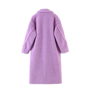 Oversized purple long teddy coat in warm fleece with back view on white background