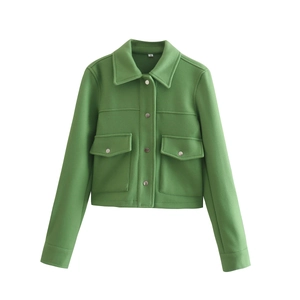 Women Casual Green Lapel Jacket With Large Pockets Single Breasted Slim Fit Fleece Lined Streetwear Short Coat Solid Color Outerwear