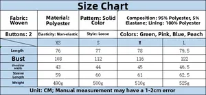 Detailed size chart for oversized single-breasted blazer showing fabric and dimensions