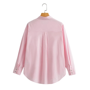 Women's light pink poplin long sleeve button-down shirt with a classic pointed collar