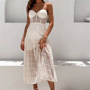 Élégante Robe Maxi en Dentelle Blanche Pour Femmes Ajourée À Bretelles Sexy Fendue Robe Longue Pour Soirée Vacances