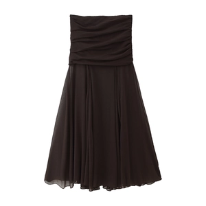Women's Strapless Ruched Midi Dress French Style Solid Color High Waist Slim Fit Polyester Coffee Party Dress