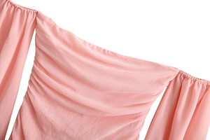 Pink chiffon off-shoulder dress featuring ruffled details and long sleeves for women