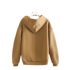 Women's camel oversized hoodie with pleated sleeves and fleece lining in a back view layout