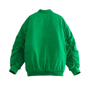 Rear view of bright green bomber jacket with gathered sleeves and ribbed cuffs