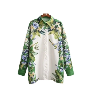 Women's tropical floral print long sleeve button down shirt with lapel collar