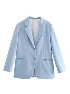 Classic light blue women's casual blazer with notch lapel and two-button closure