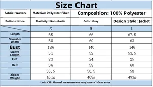 Detailed size chart for grey Y2K flight jacket including length and chest measurements