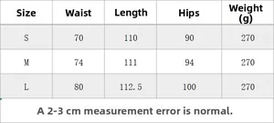 Size chart for high waist straight leg trousers showing waist, hip, and length specs