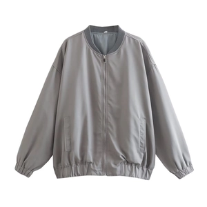 Women Casual Solid Grey Bomber Jacket Vintage Y2K Loose Fit Zip Up Flight Jacket Rib Knit Collar Streetwear Outwear Coat