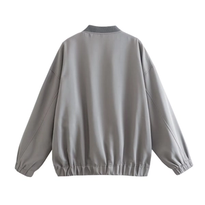 Back view of a neutral light grey flight jacket with ribbed collar and satin finish