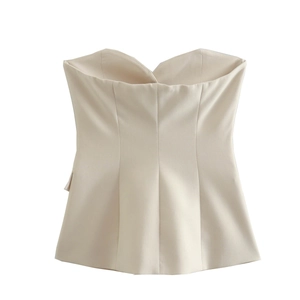 Slim fit cream white peplum tube top bustier with vertical seams and front buttons