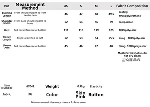 Detailed size chart and fabric composition for pink PU leather cropped jacket