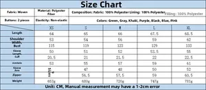 Detailed sizing chart for women's bomber jacket showing polyester fabric measurements