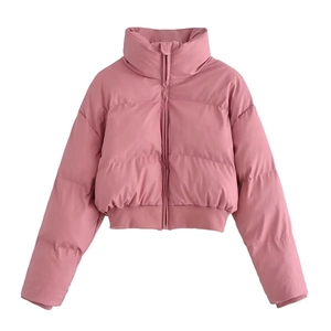 Women Casual PU Leather Quilted Puffer Jacket Stand Collar Short Warm Winter Padded Outerwear Zip Up Jacket For Ladies