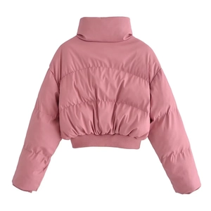 Women's pink puffer jacket with high collar and quilted back design in a short fit