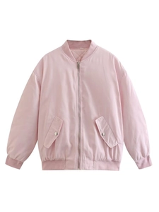 Women's light pink bomber jacket with zip closure and ribbed cuffs on white background