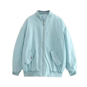Detail of light blue bomber jacket showing zipper, ribbed cuffs, and buttoned side pockets