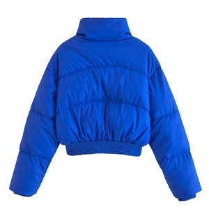 Royal blue short puffer jacket for women with stand collar and quilted back design