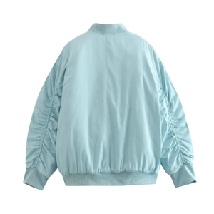 Back view of light blue bomber jacket with ruched sleeves and ribbed knit trim