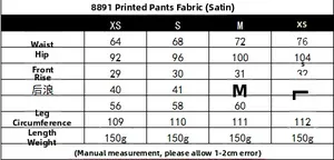 Tableau des tailles pour pantalon en satin imprimé femme avec mesures détaillées du XS au L