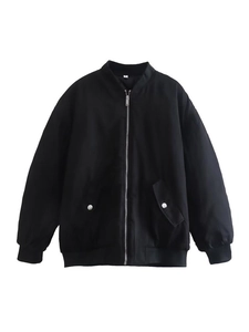 Classic black oversized bomber jacket with silver zipper and ribbed trim on plain background