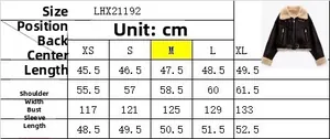 Detailed size chart for women's faux shearling jacket with measurements in centimeters