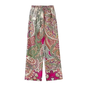 Pantalon Droit Taille Haute Imprimé Cachemire Boho pour Femmes Satin Décontracté Streetwear Mode