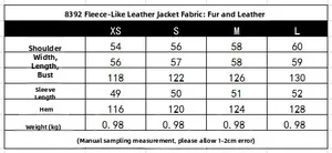 Size chart for winter fleece faux leather jacket with measurements for XS to L sizes