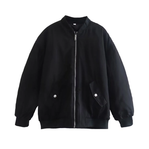 Detail of a black bomber jacket featuring a silver zipper and ribbed cuffs and hem