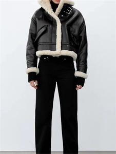 Women Winter Biker Jacket Faux Leather Fleece Shearling Integrated Lapel Zipper Short Outerwear Warm Streetwear Coat