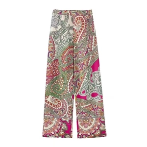 Pantalon large à taille haute pour femme avec imprimé floral cachemire bohème coloré