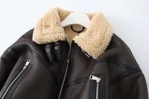 Women's fleece-lined faux leather biker jacket with sheepskin collar and metal zippers
