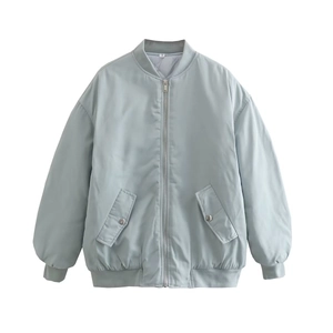 Detail of light blue bomber jacket with zip front and ribbed trim on white background