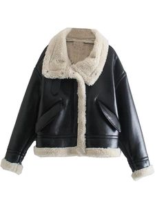 Women's faux leather shearling jacket with warm fleece lining and lapel collar in black