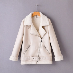 Damen Fashion Kunstleder Lammfelljacke Mittellang Verdickt Motorradjacke Mit Revers Reißverschluss Gürtel Streetwear