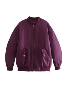 Deep purple bomber jacket with metal zipper and ribbed cuffs for classic winter style