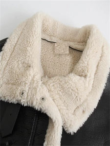Winter faux leather biker jacket with contrast cream fleece collar and silver metal button