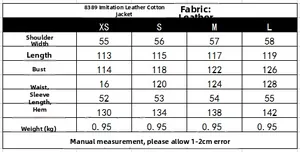 Size chart table for women quilted PU leather coat showing XS to L measurements and weight