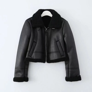 Damen Kurze Kunstlederjacke Shearling Moto Biker Jacke Winter Warm Kunstpelzbesatz Sherpa Gefüttert Reißverschluss Mantel Casual