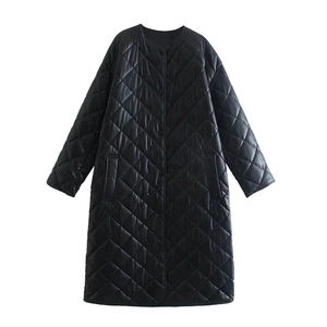 Close-up of diamond quilted pattern on black longline PU leather winter coat