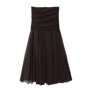 Summer French style high waist dark brown pleated chiffon midi dress for women