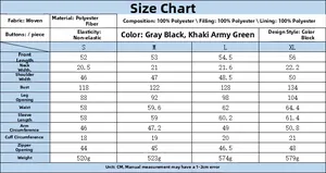 Detailed size chart for bomber jacket with dimensions in cm and material details