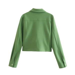 Short green lapel jacket for women with single-breasted buttons and back pleated detail