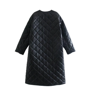 Back view of a long black quilted faux leather coat with classic diamond stitch pattern