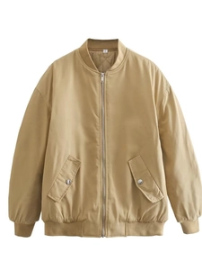 Classic khaki bomber jacket for women featuring ribbed trims and diamond quilted lining