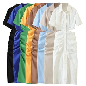 Detail view of waist cut-out and gathered fabric on various colors of the shirt dress