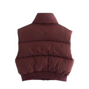 Women's slim fit padded wine red vest with high collar and ribbed hem back view